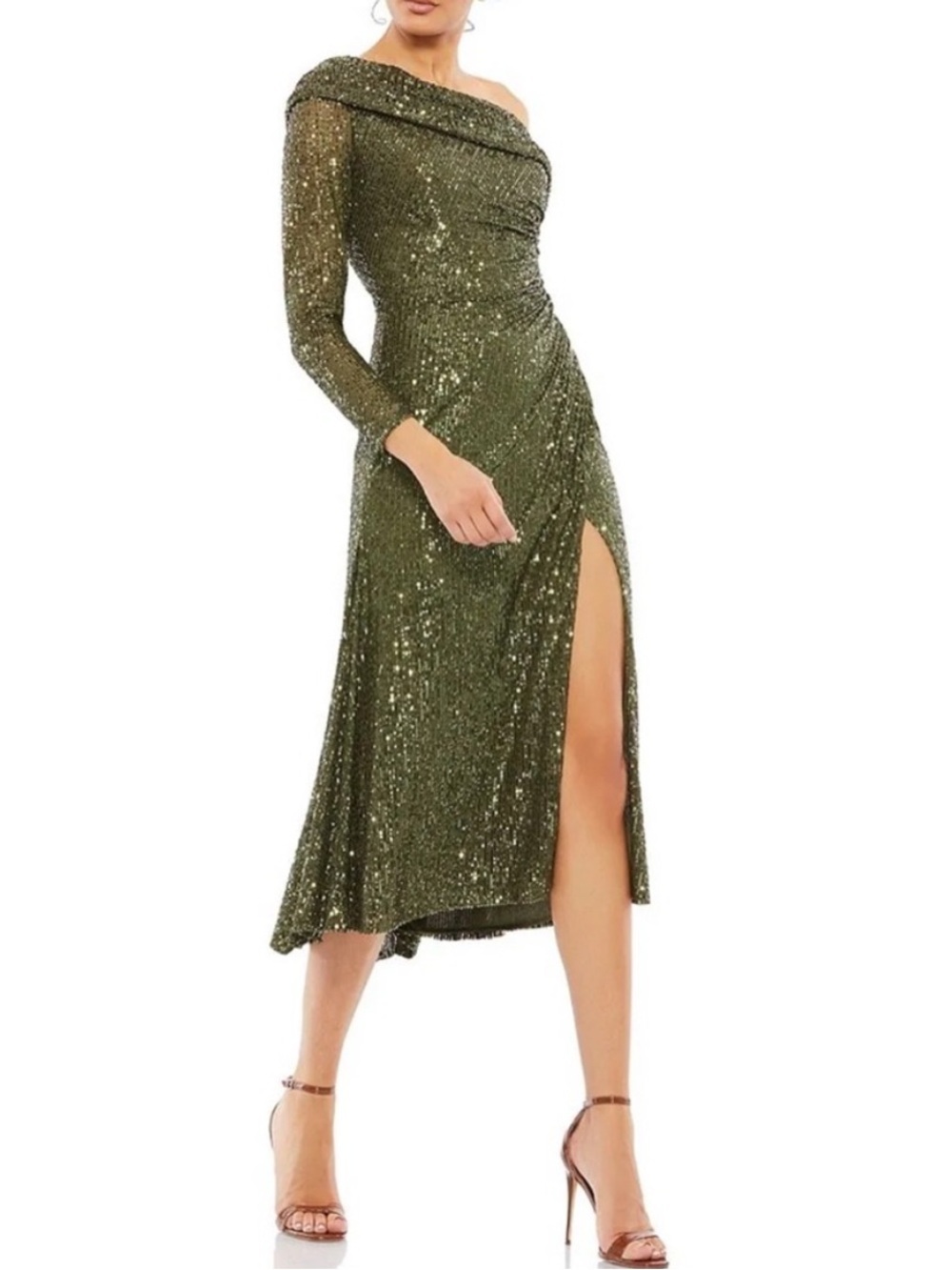 NWT Ieena for Mac Duggal Sequin Slit Off Shoulder Midi Dress Olive Green 26551